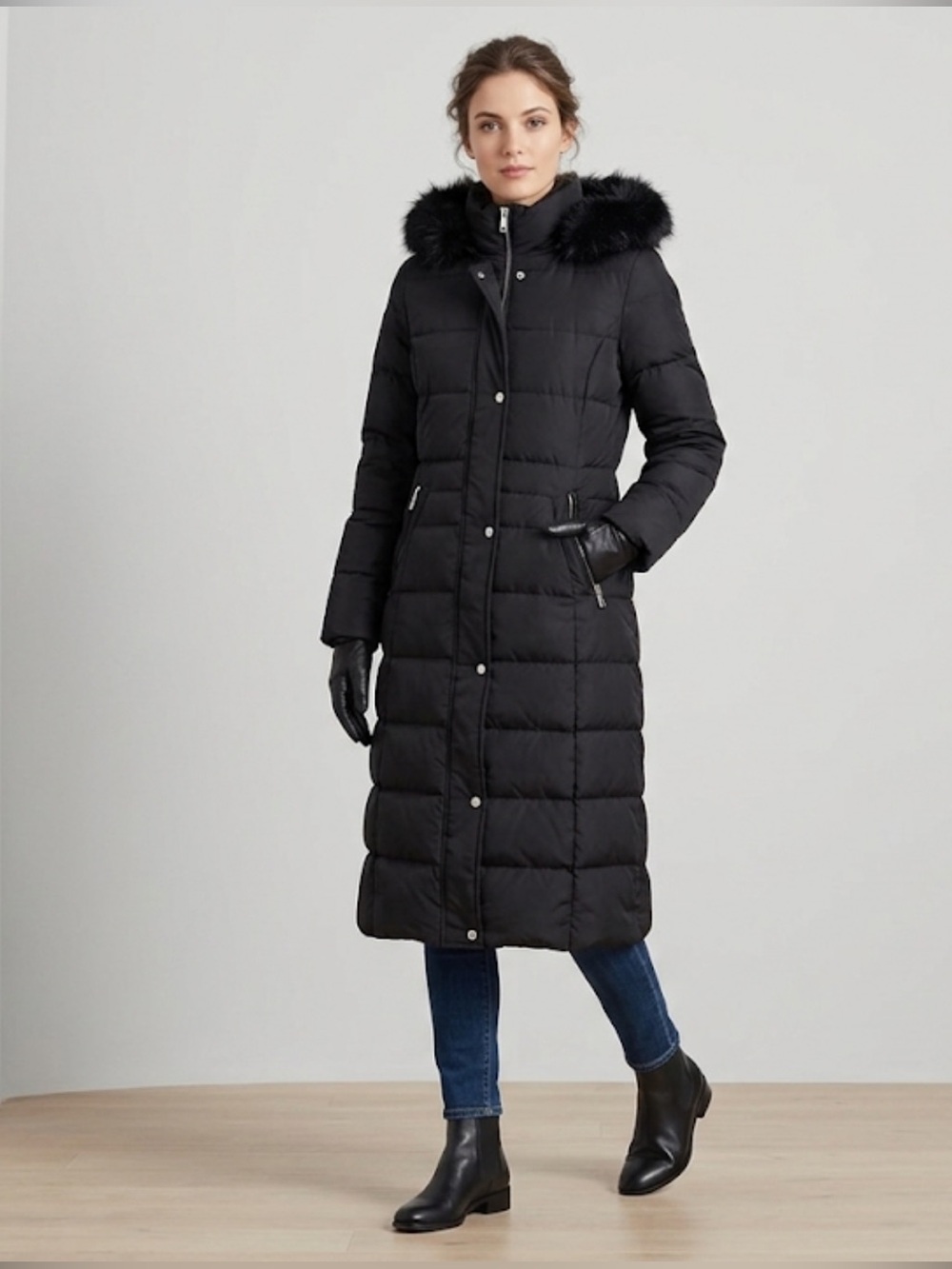 Ralph Lauren Down Filled Long Black Puffer Coat with Faux-Fur Hood medium